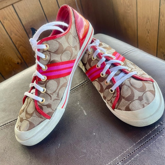 SALE Coach Tan Signature Sneakers with Pink and Red Stripe - Picture 2 of 5